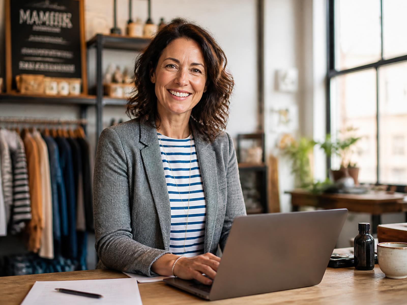 A small business owner working on a laptop at the counter of her shop